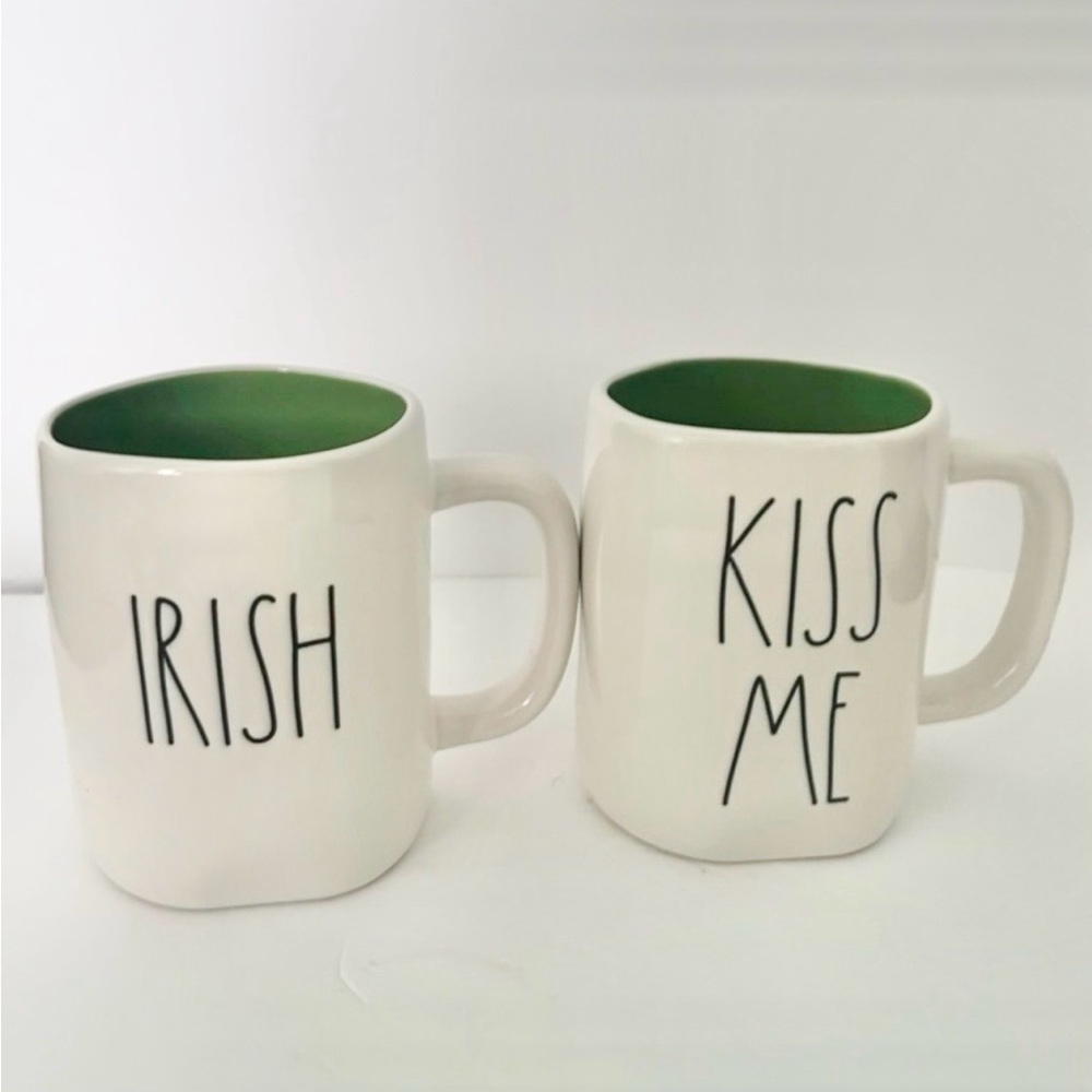 Rae Dunn IRISH & KISS ME Mugs with Green Interior and Shamrock on back NEW